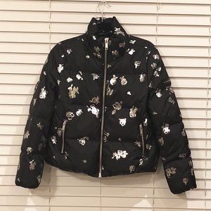 metallic rose print puffer jacket
